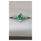 White Metal Ring with Square Green Stone and Diamo