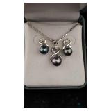 14K White Gold Black Pearl and Diamond Pendant on
