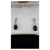 White Metal Earrings with Black Stones