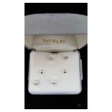 Three Pairs Earrings - White Stone Studs, Silver C