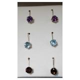 Three Pairs Earrings - Purple Stones, Blue Stones,