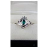 10K White Gold Ring with Diamond and Emeralds