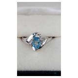 10K White Gold Ring with Blue Topaz and Diamonds