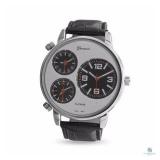 Geneva Black Leather Three Dial Fashion Watch