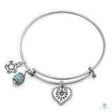 Bangle Bracelet with Heart, Flower and Blue/Green