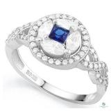 Blue Sapphire 925 Sterling Silver Halo Ring with