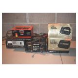 Lot of 5 Battery Chargers,  Battery Cables, Clamps