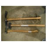 Lot of 3 Wood Handle Tools - axe, pick, sledge ham