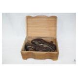 Wood Box containing vintage girls dress shoes