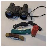 4 pocket knives, shotgun shell laser, binoculars