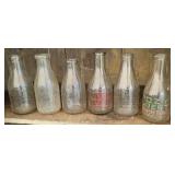 6 milk bottles, clover-Dale,w.m. Evans, quinbys,