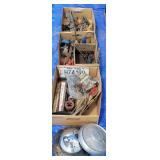 3 boxes - pipe threader, oil cans, shoe forms,