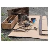 Tote lot old square head nails, fan, hooks, chunk