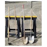 Pair plastic saw horses, shovels, rake and hoe.