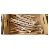 2 boxes hammer handles, sprinkler, old drills,