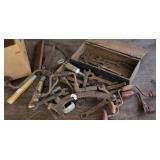 Box lot yard tools, wrenches, drill braces, etc.