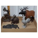 Box - cast iron animals, wooden moose, rooster,