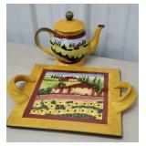 Beautiful redware? Teapot and Tray - signed USA /
