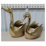 Pair of swan brass planters