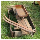 Tin wagon, skis, buck board parts