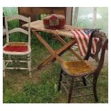 2 chairs, ironing board, flag