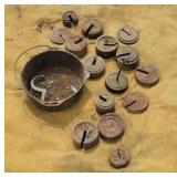 Scale weights and cast iron pan