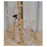 2 crystal mice - paper label on one says Sweden