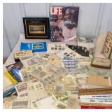 Box lot stamps, travel postcards, photographs,