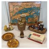 Box lot, map of Long Island, carved wooden