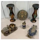 Box lot candleholders, lion wall hanging, stein,