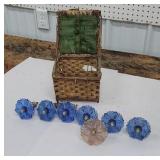 Early sewing basket and glass curtain tie backs