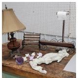 Bench, shelf, tp holder, lamp, etc