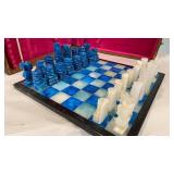 Marble chess set - blue and white with a case