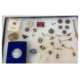 Interesting lot pins, coins, jewelry - some local