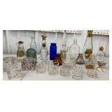 Box lot small glass candleholders, perfume