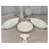 Box lot white Fenton hobnail serverware, vases