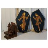 Pair of wooden carved horse bookends and pair of