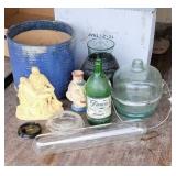 Planter, glass rolling pin, kerosene jug, etc