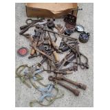 Box of tools snips, wrenches, vise, etc
