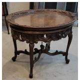 Carved/inlaid top glass tray top coffee table