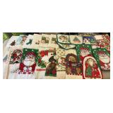Box lot Christmas related towels, oven mits, tree