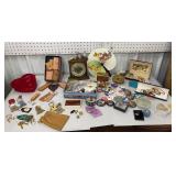 Box lot - keychains, buttons, jewelry boxes,