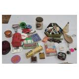 Box lot, buttons, lighters, pins, etc