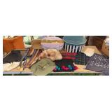 2 hat boxes, scarves, belts, 2 hats
