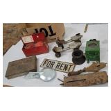 Roller skates, for rent sign, reflectors, etc