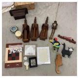 Box lot misc wood figures, cats, picture frames