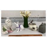5 piece ceramic - rabbits, cat and flower vase
