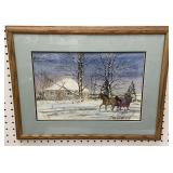 Askey Adams framed winter sleigh ride watercolor