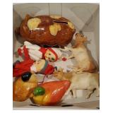 Box - celluloid baby rattles, early pig bank, & 2