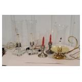 Box of hurricane lamps and pewter candlesticks